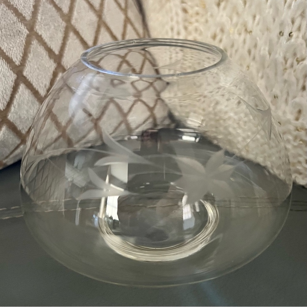Vintage ETCHED FLOWER Crystal Glass BOWL Vase